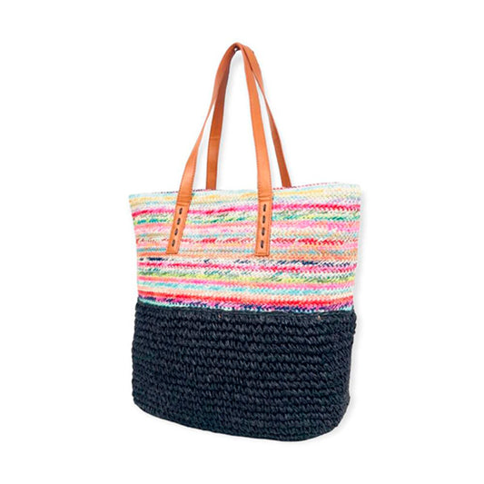 Bolso de Hombro Tote de Rafia con Estampado de Rayas