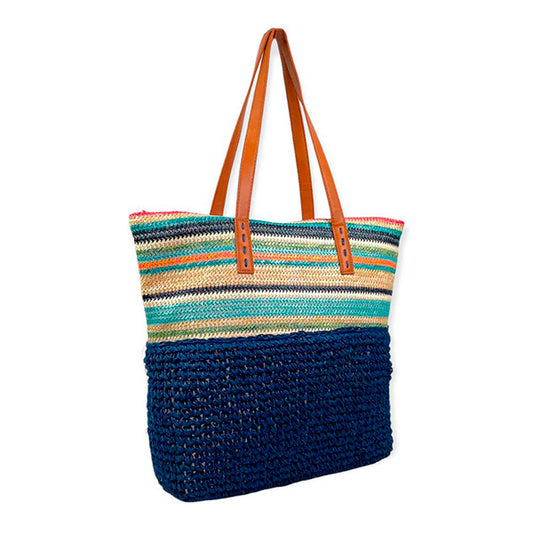 Bolso de Hombro Tote de Rafia con Estampado de Rayas