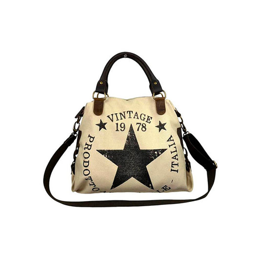 Bolso Shopper Grande De Lona con Asas de Piel