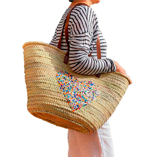 Capazo de Playa Grande con Dibujo de Corazón