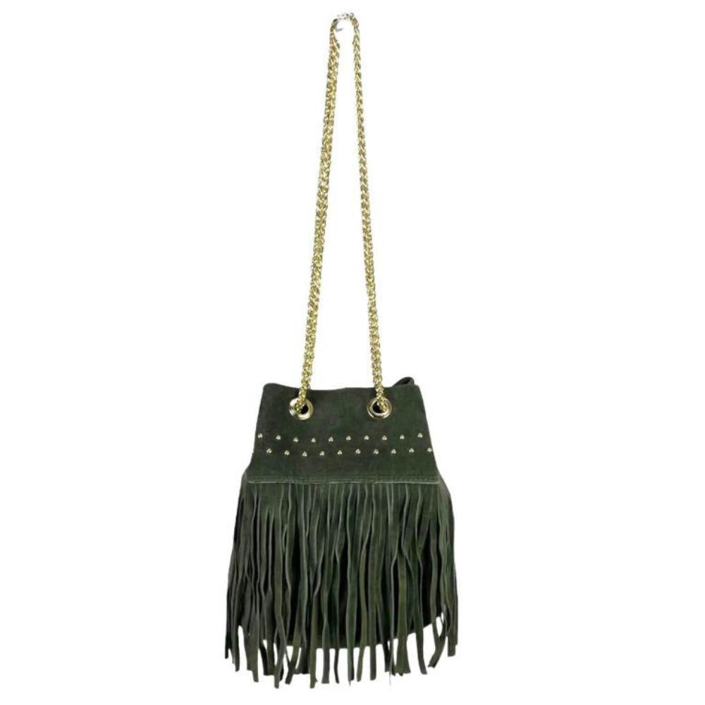 Bolso Bombonera Piel de Ante con Flecos