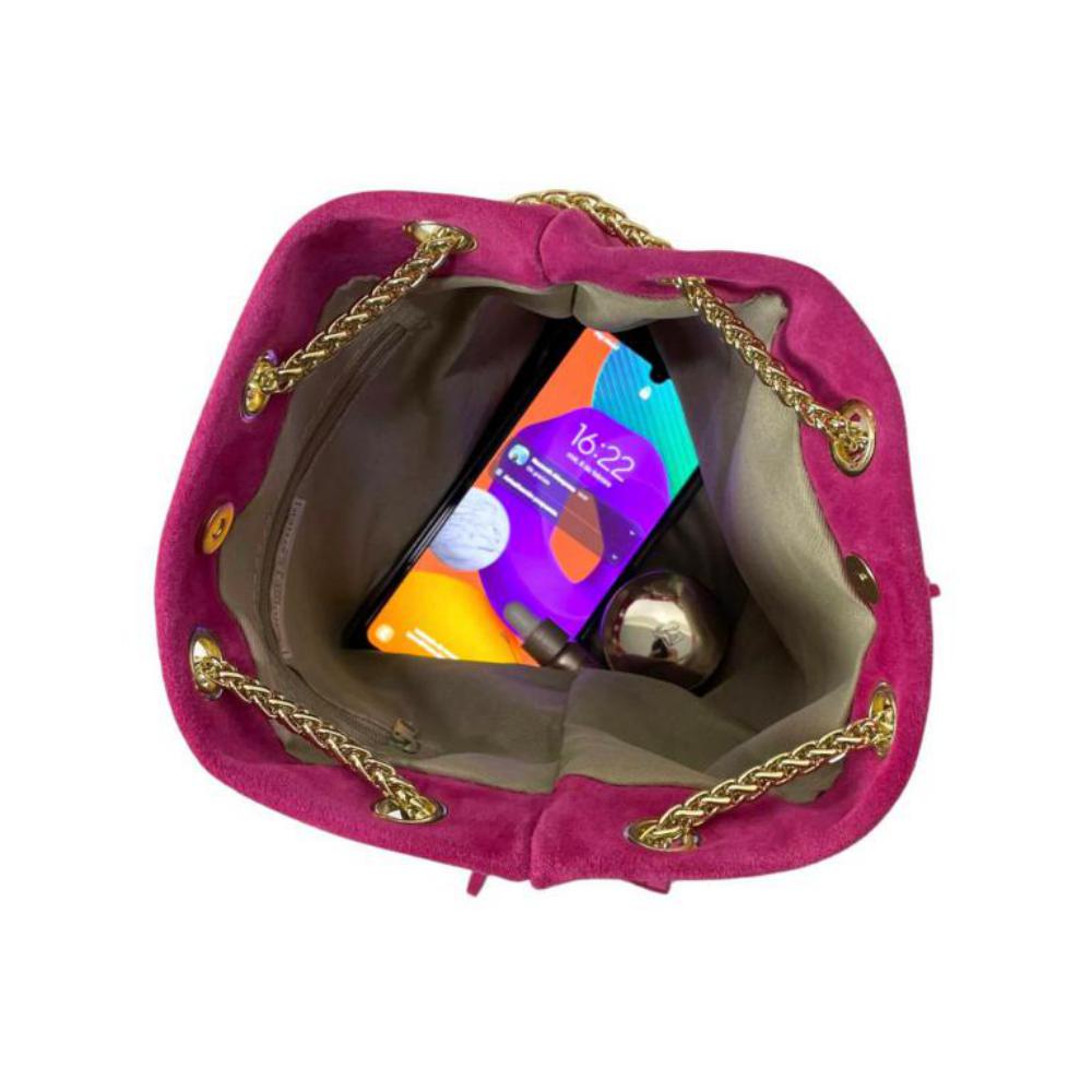 Bolso Bombonera Piel de Ante con Flecos