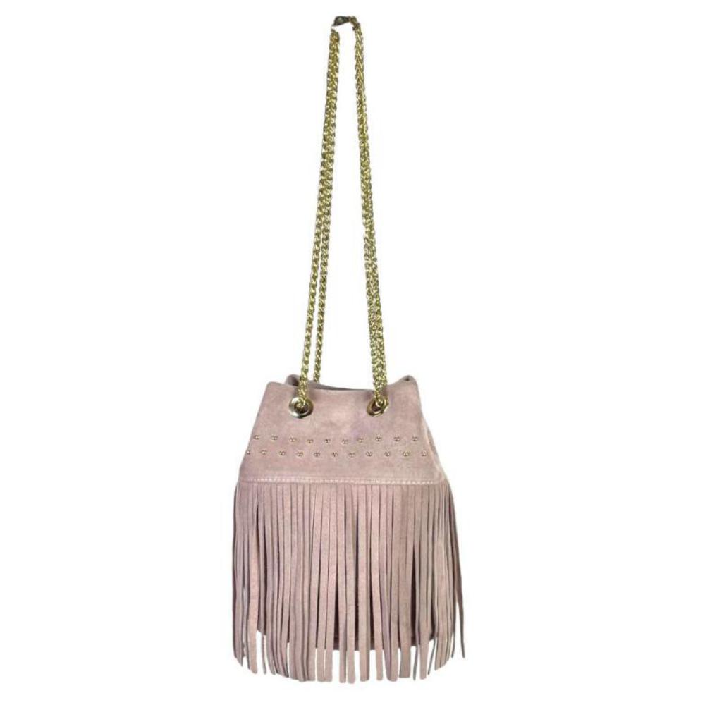 Bolso Bombonera Piel de Ante con Flecos