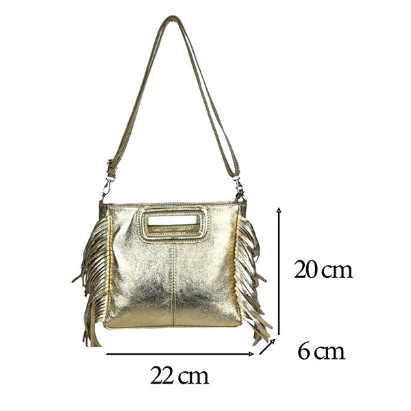 Bolso Bandolera de Piel Metalizada y Flecos Decorativos