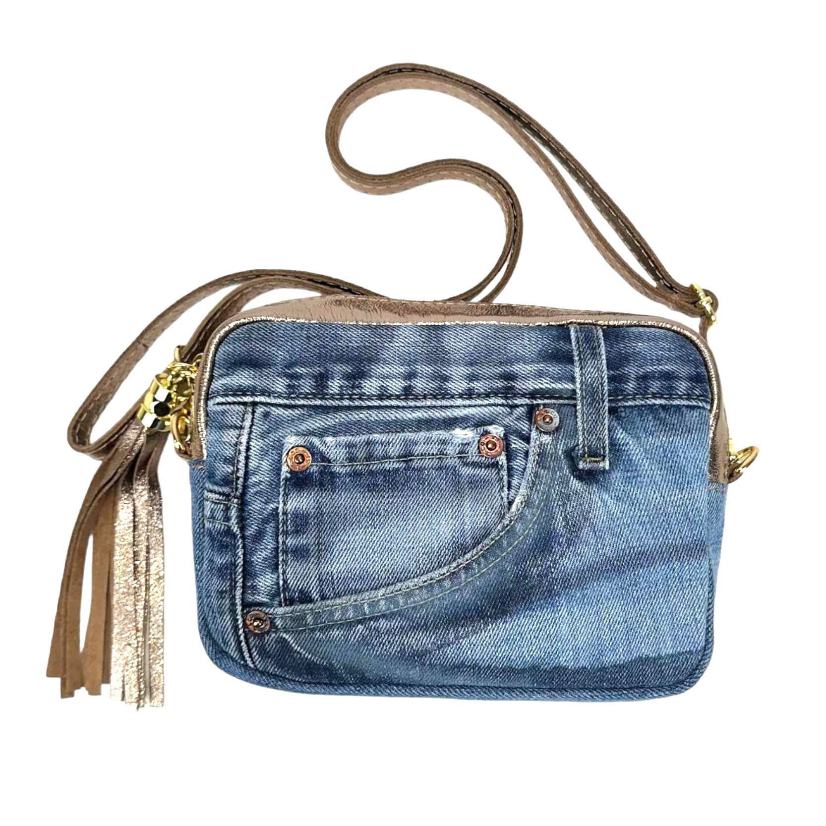 Bolso Bandolera Piel Metalizada y Estilo Vaquero para Mujer