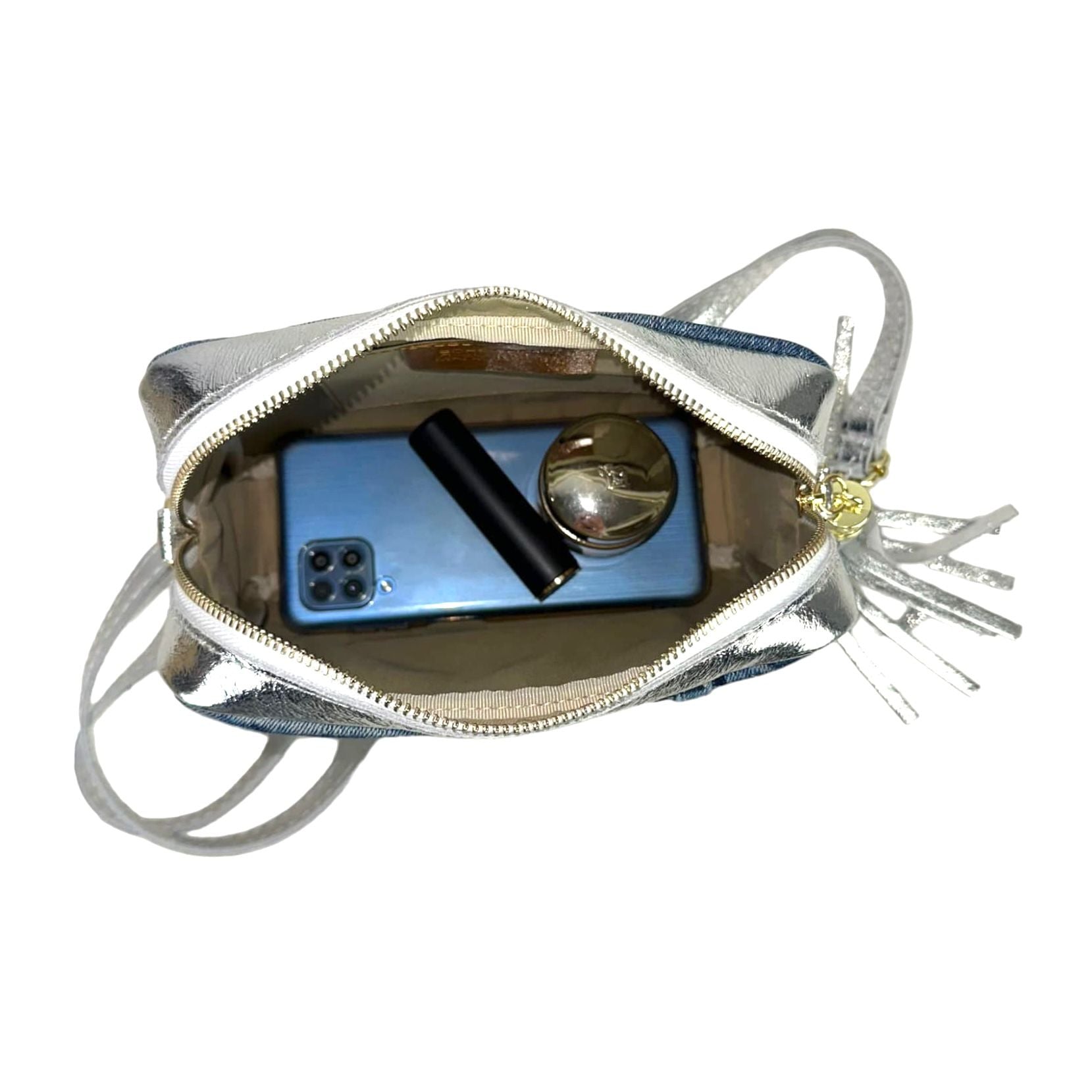 Bolso Bandolera Piel Metalizada y Estilo Vaquero para Mujer