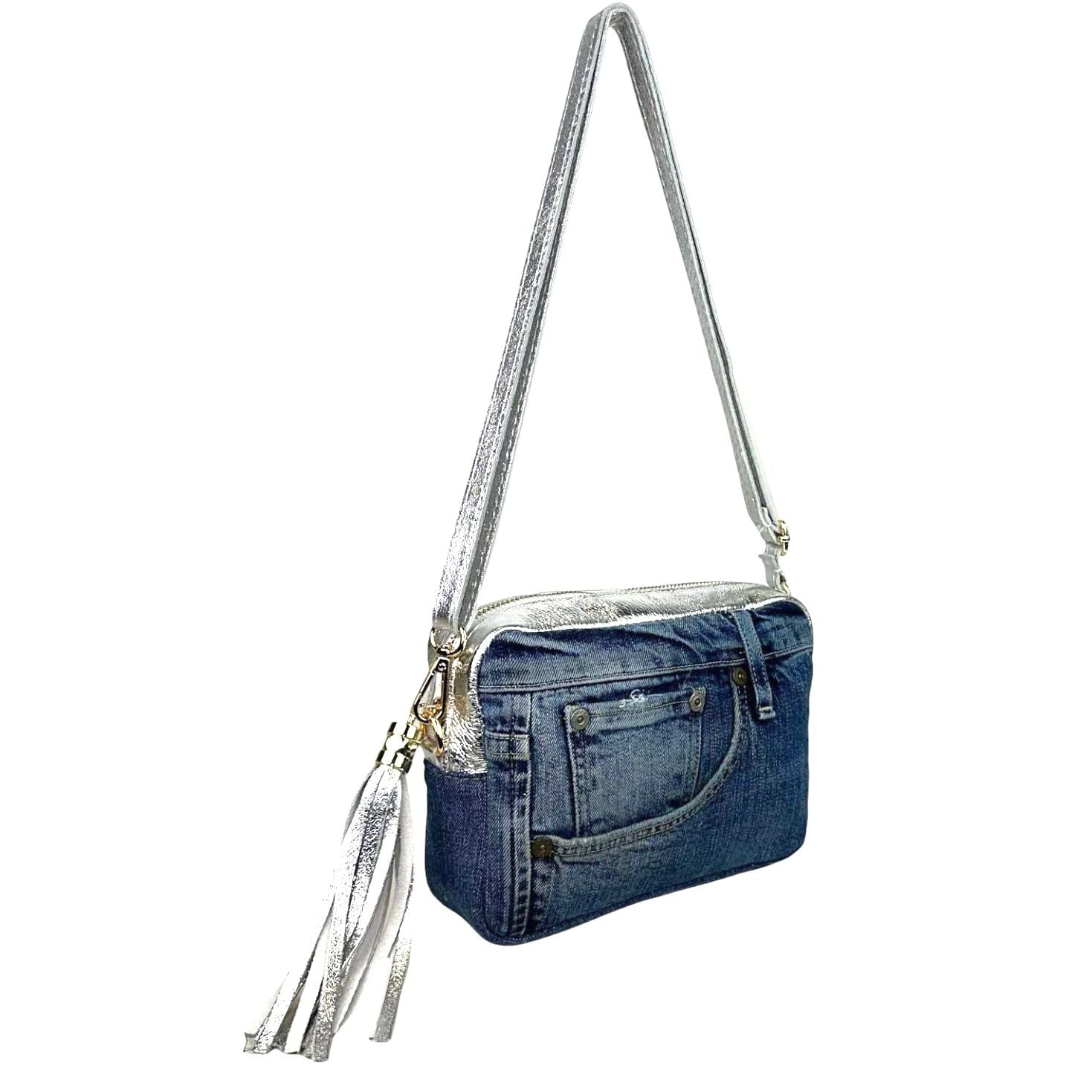 Bolso Bandolera Piel Metalizada y Estilo Vaquero para Mujer