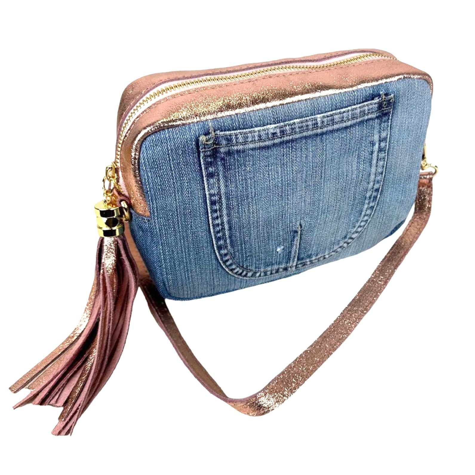Bolso Bandolera Piel Metalizada y Estilo Vaquero para Mujer