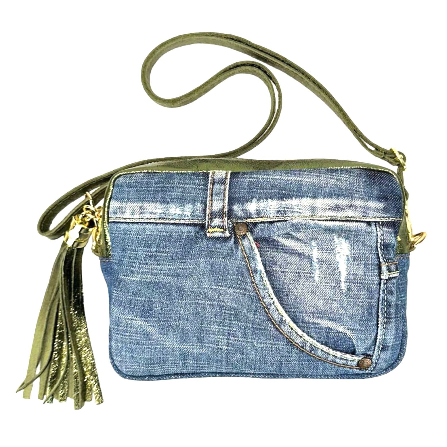 Bolso Bandolera Piel Metalizada y Estilo Vaquero para Mujer