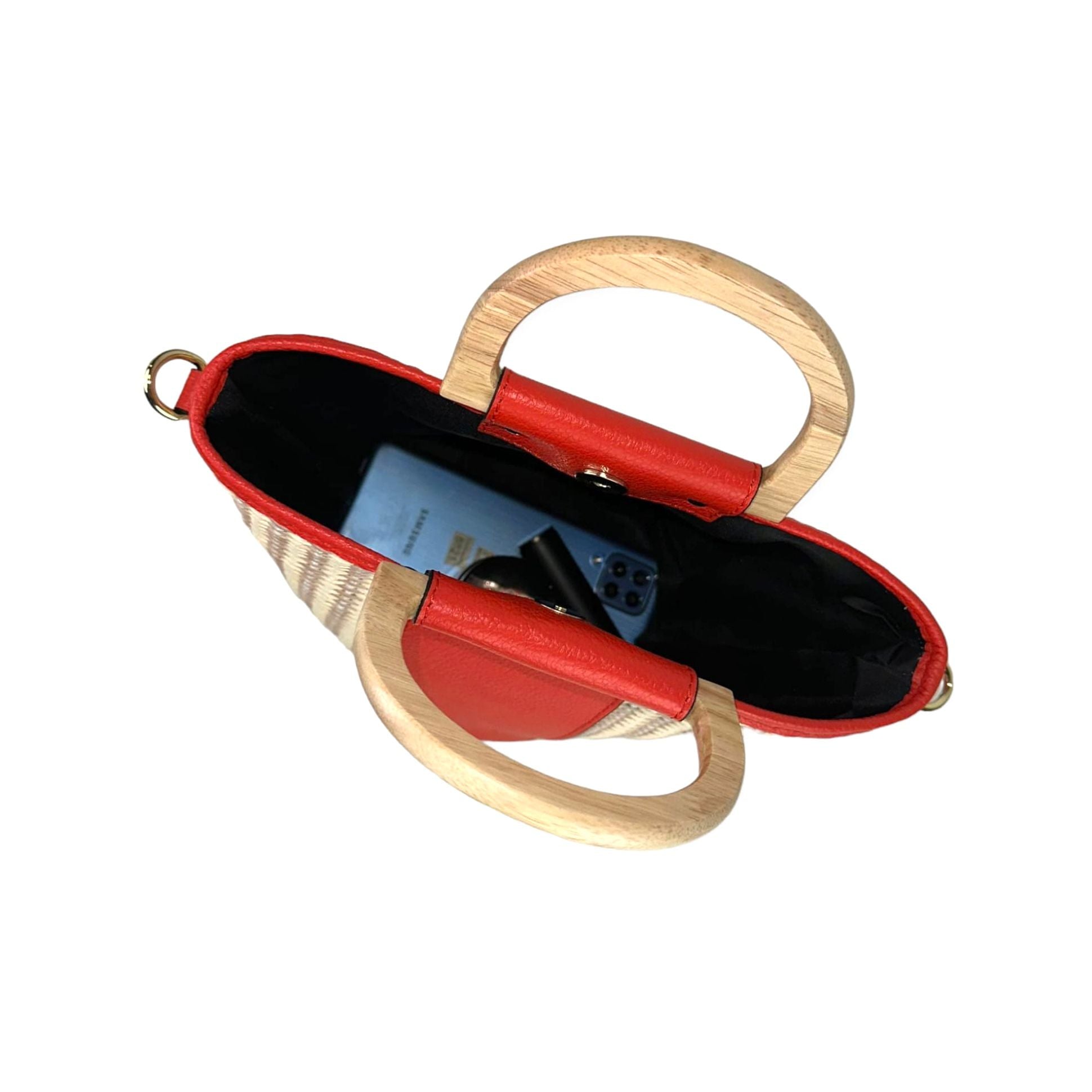 Bolso Bucket Rafia y Piel Italiana con Asas de Madera