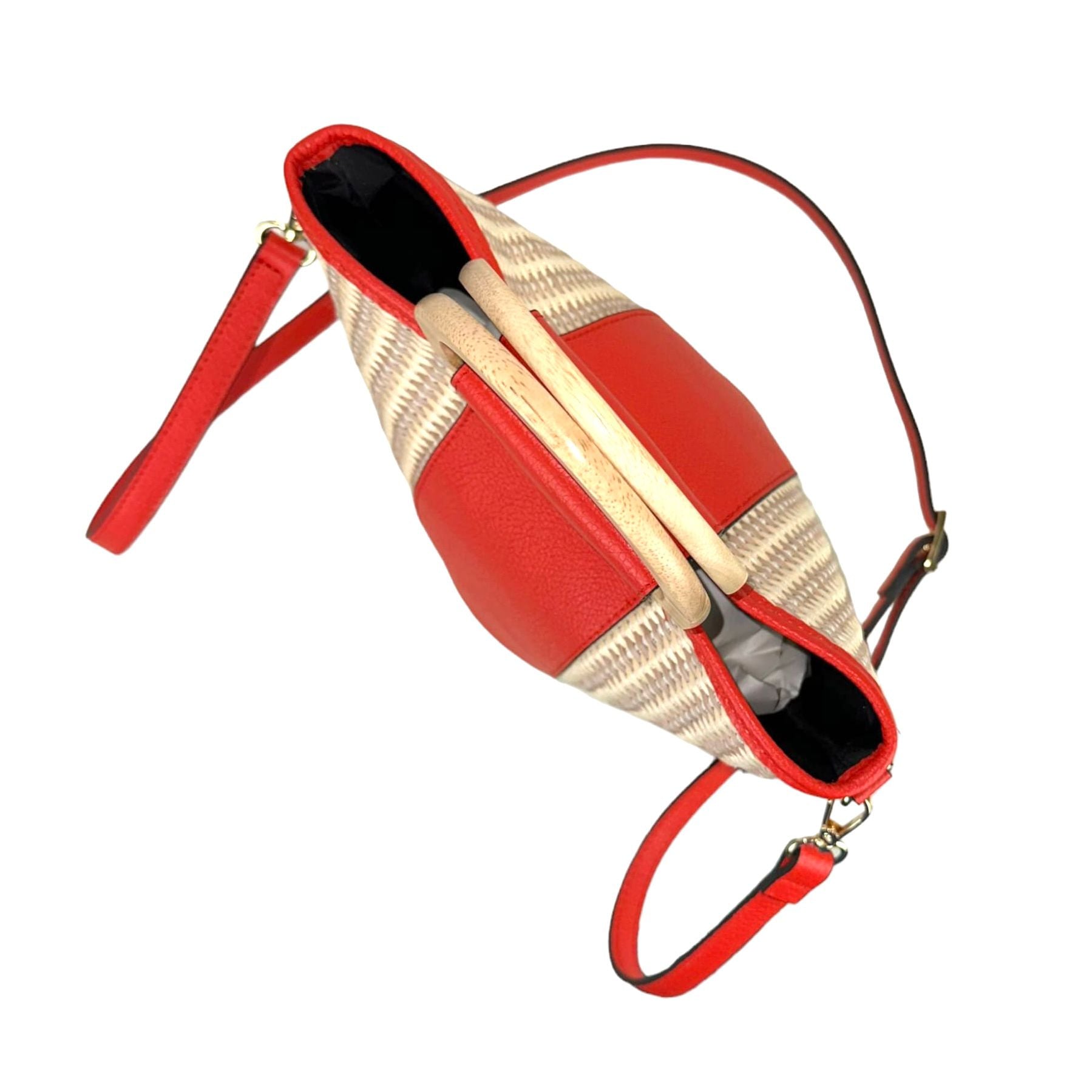 Bolso Bucket Rafia y Piel Italiana con Asas de Madera