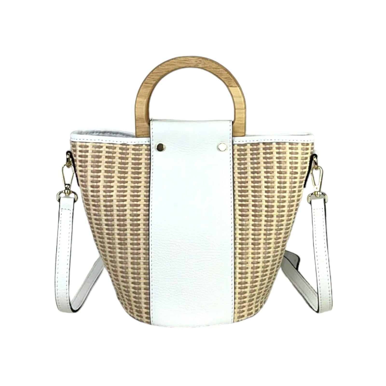 Bolso Bucket Rafia y Piel Italiana con Asas de Madera