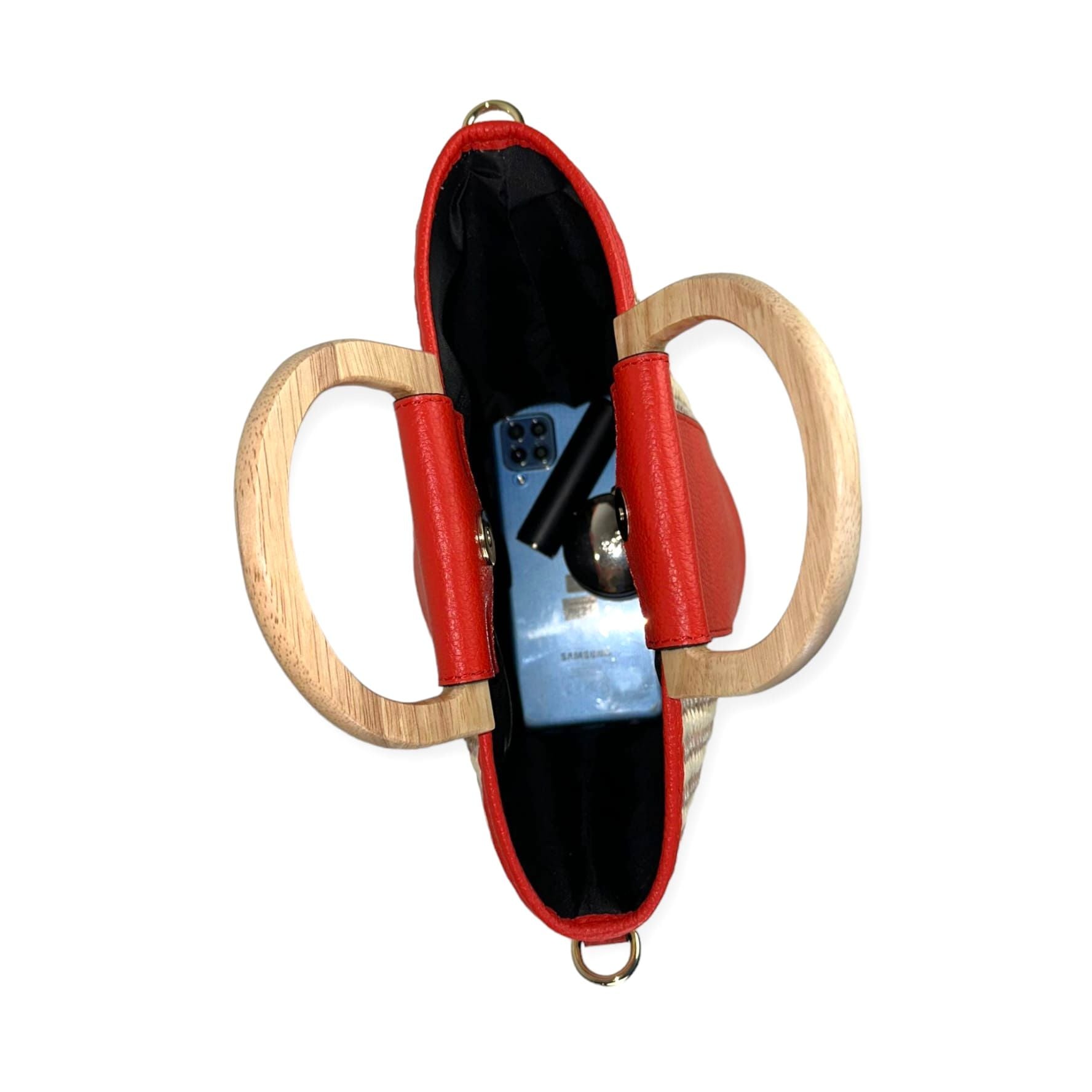 Bolso Bucket Rafia y Piel Italiana con Asas de Madera