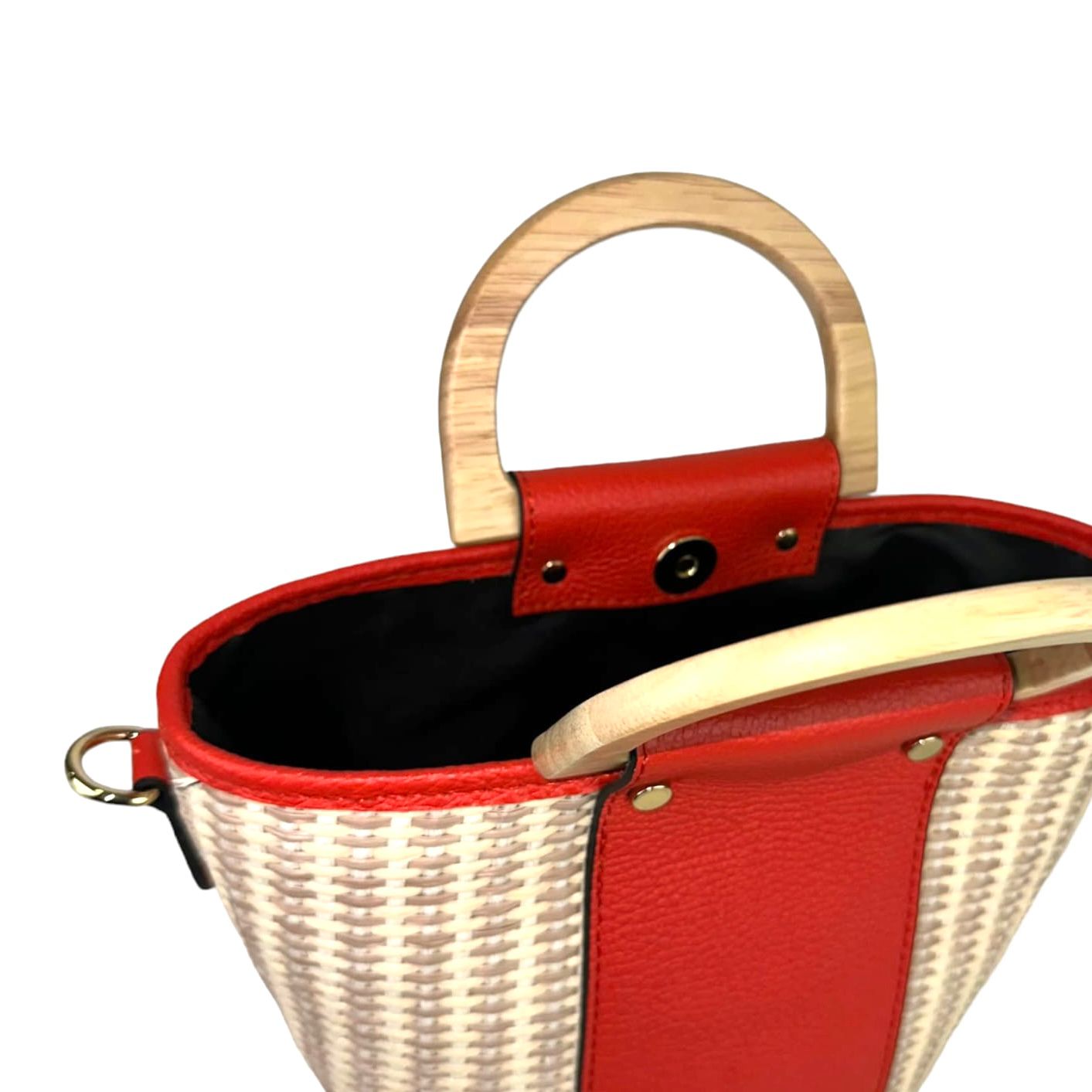 Bolso Bucket Rafia y Piel Italiana con Asas de Madera