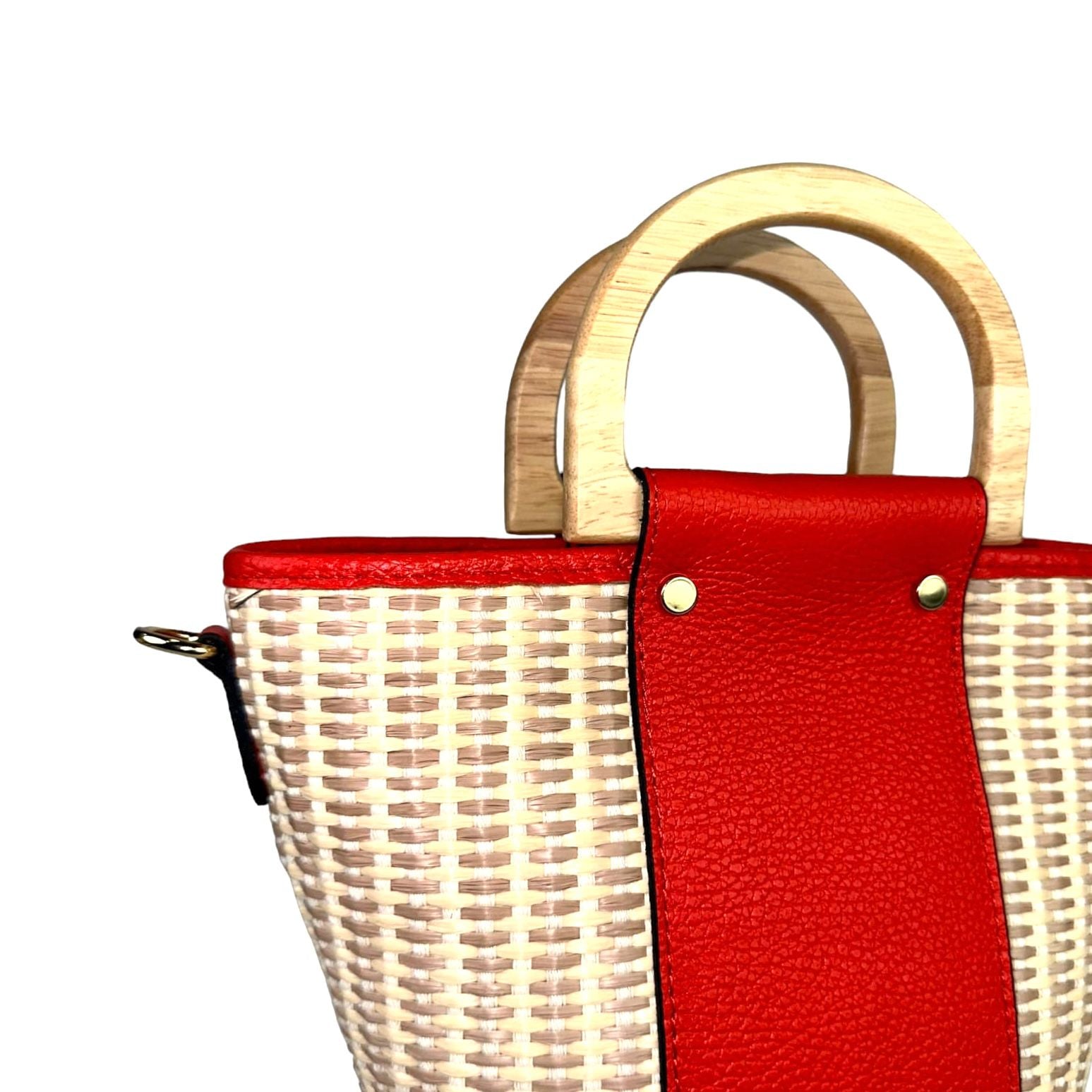 Bolso Bucket Rafia y Piel Italiana con Asas de Madera
