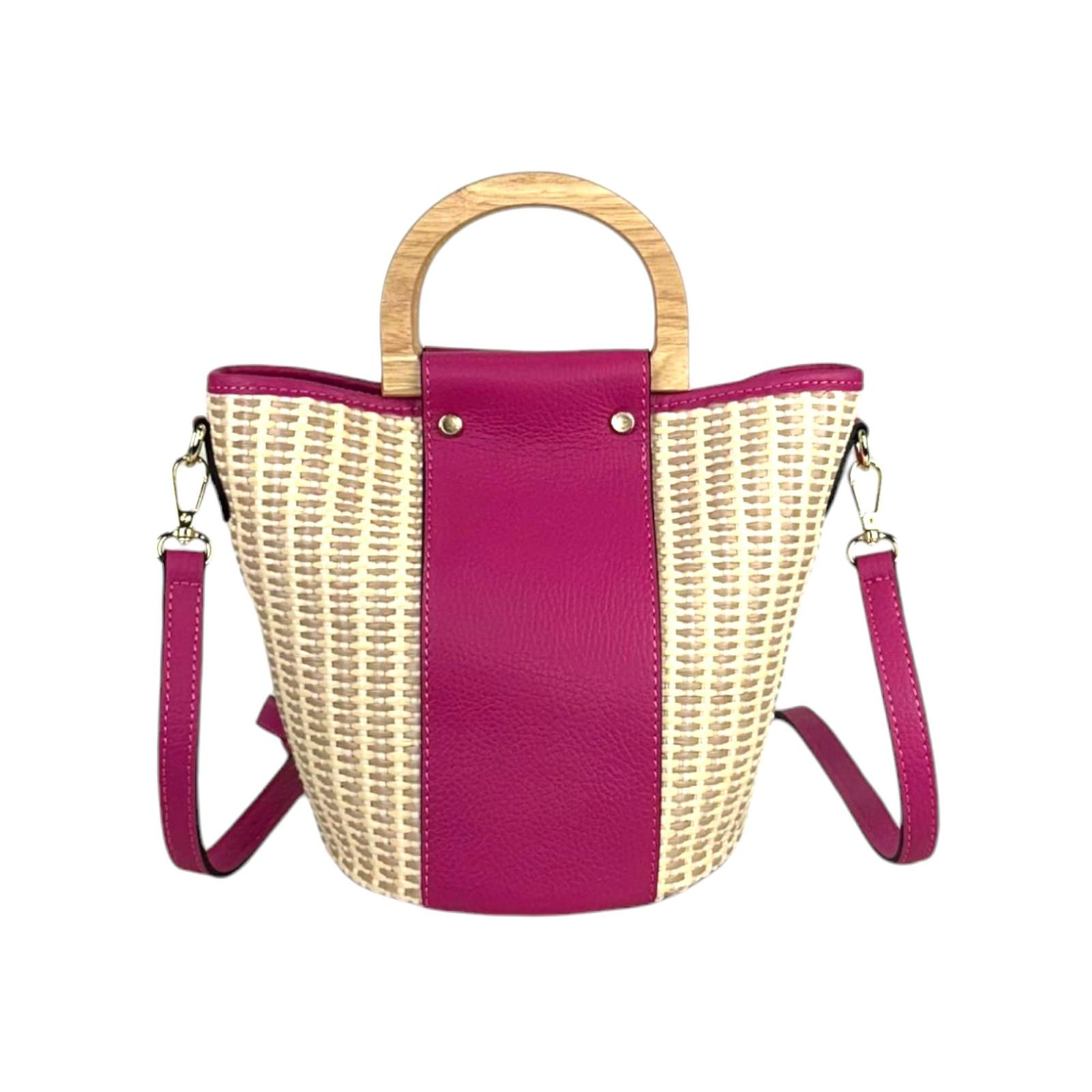 Bolso Bucket Rafia y Piel Italiana con Asas de Madera