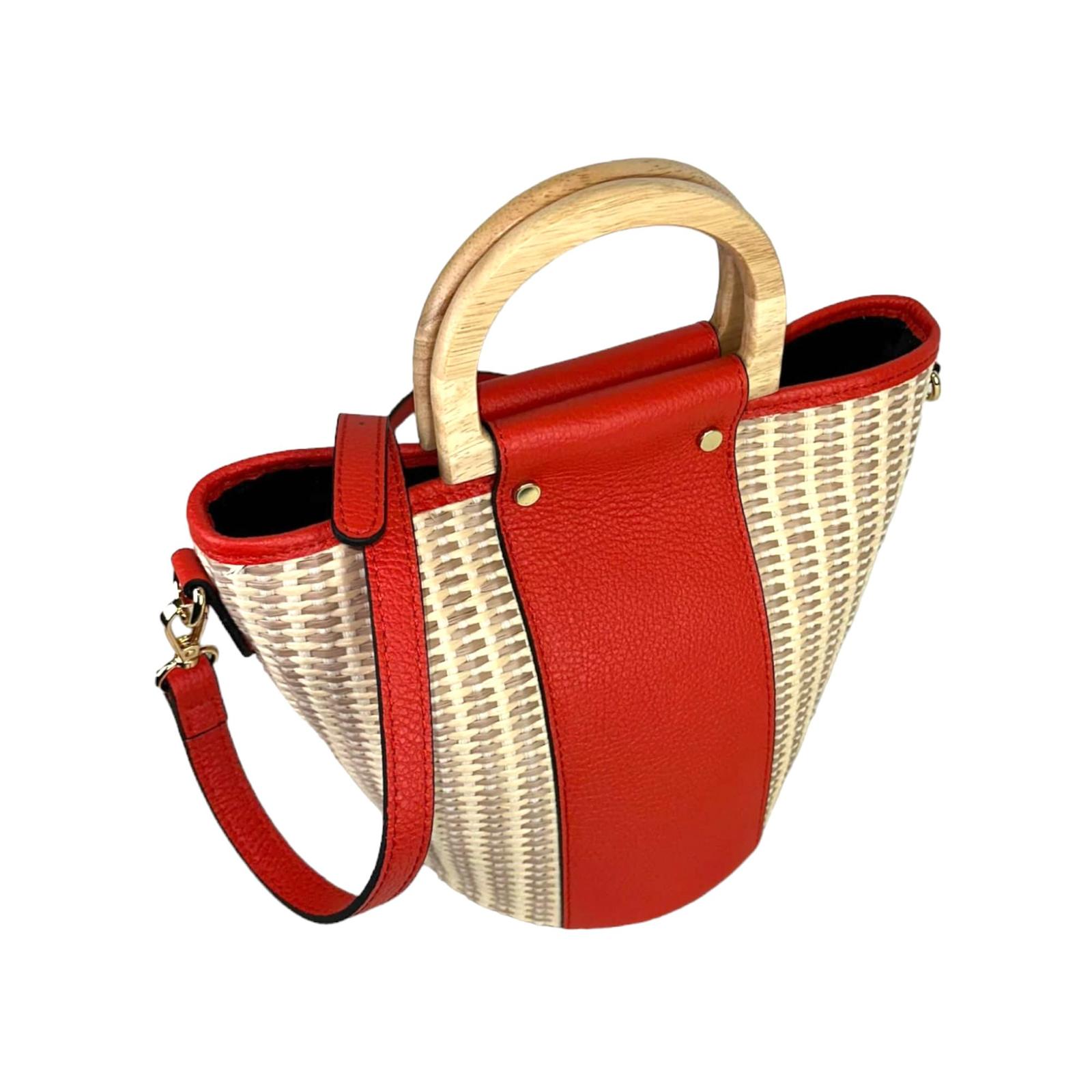 Bolso Bucket Rafia y Piel Italiana con Asas de Madera