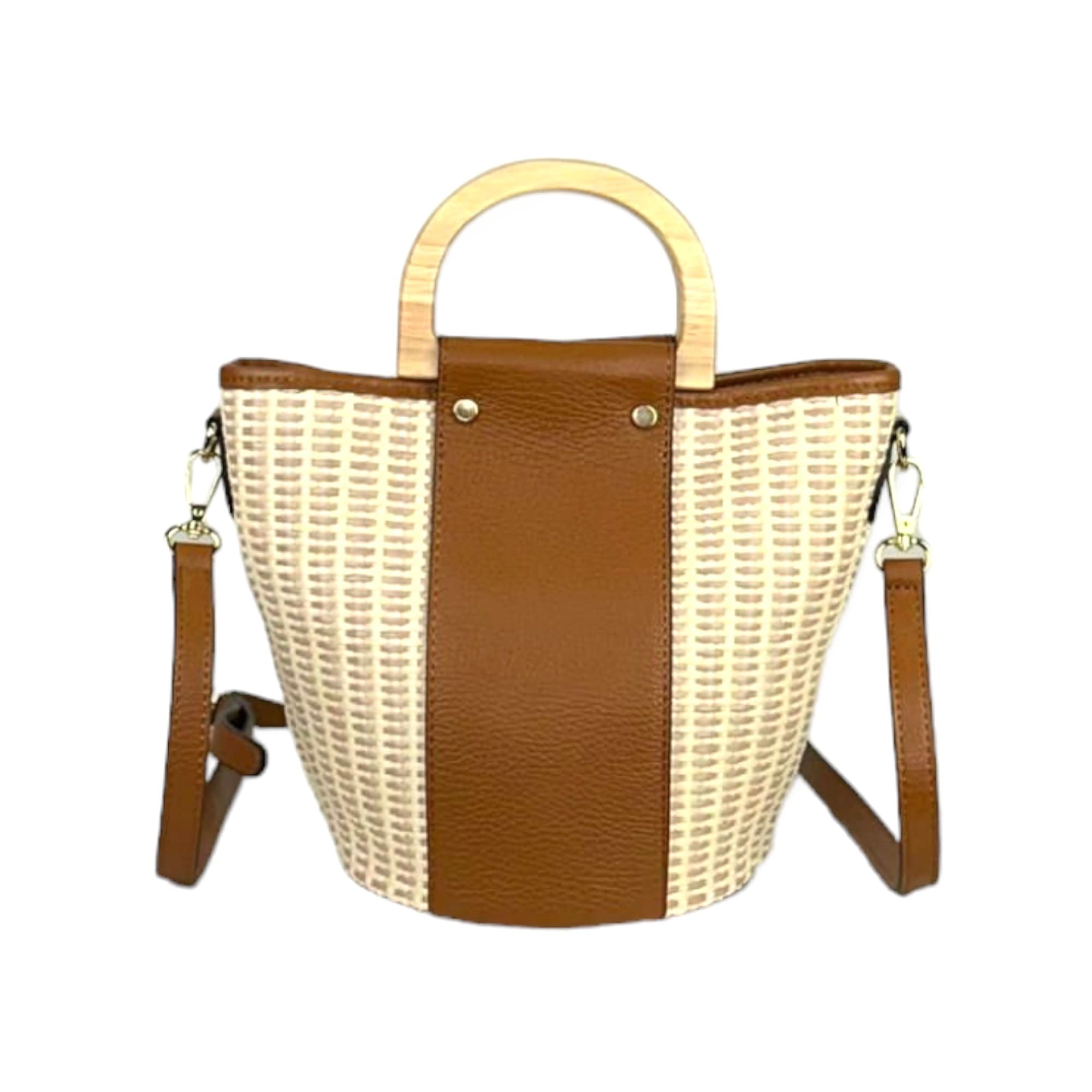 Bolso Bucket Rafia y Piel Italiana con Asas de Madera