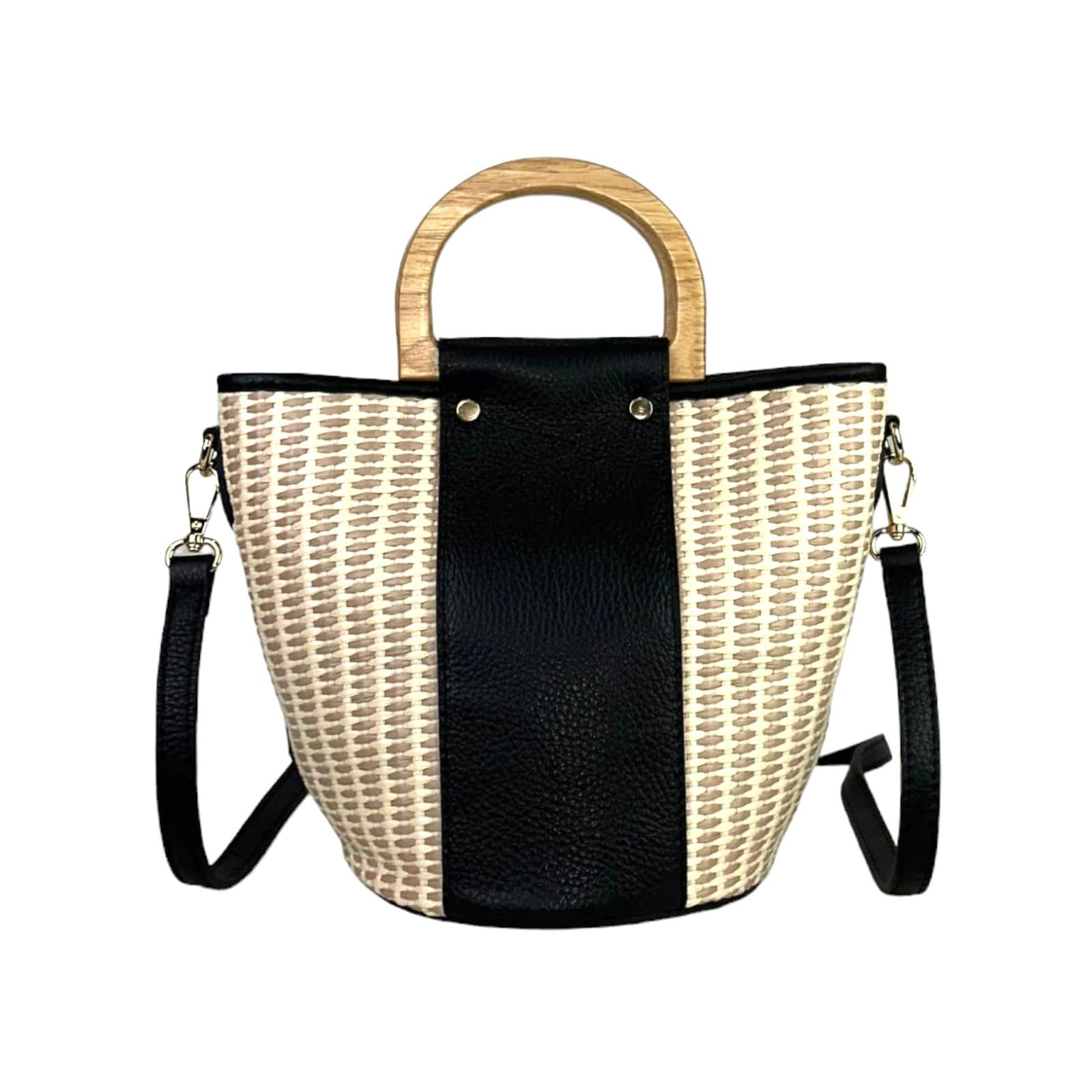 Bolso Bucket Rafia y Piel Italiana con Asas de Madera