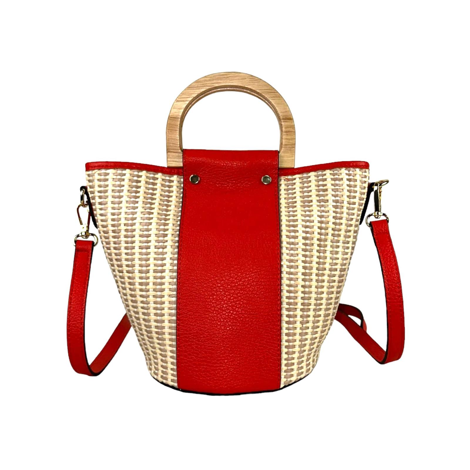 Bolso Bucket Rafia y Piel Italiana con Asas de Madera