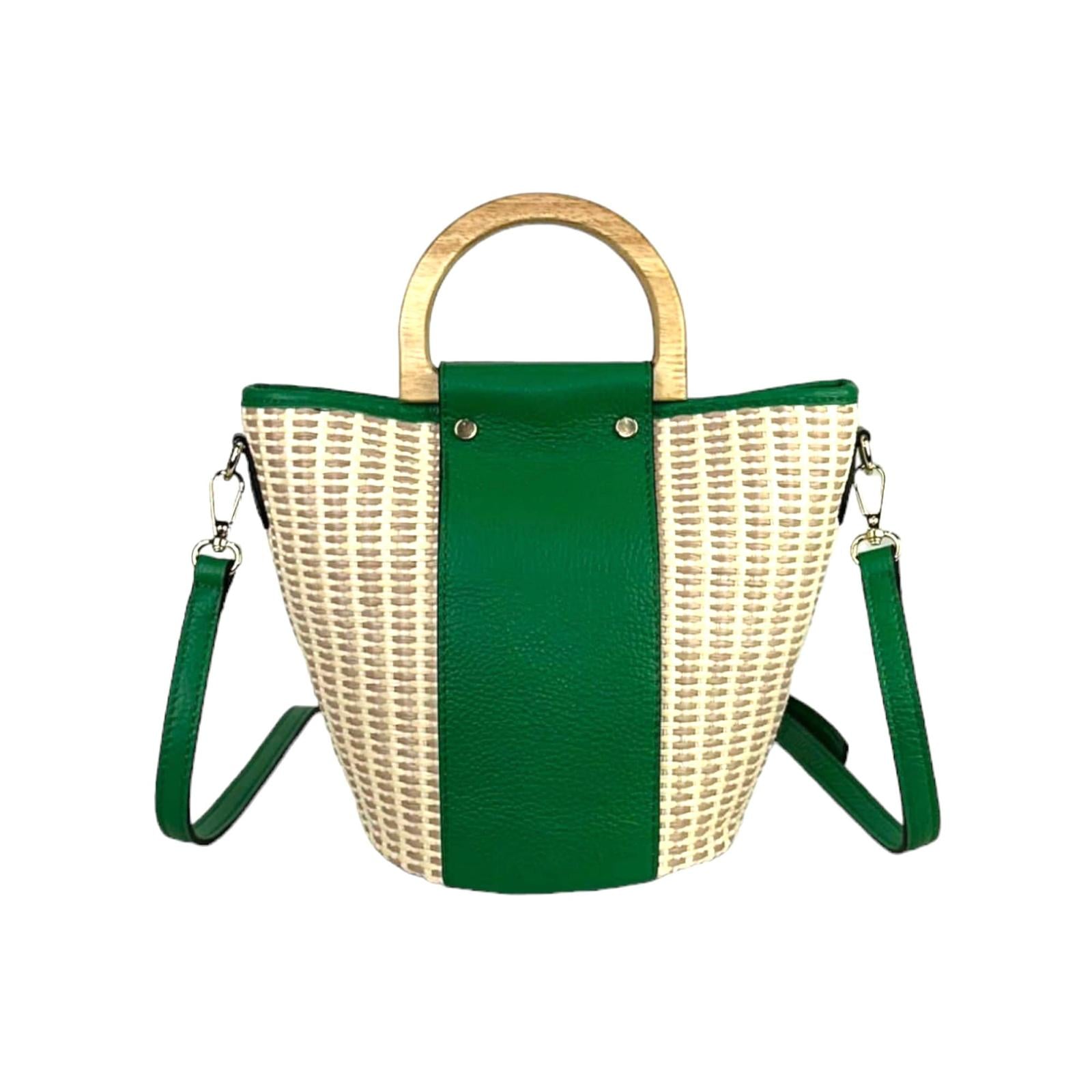 Bolso Bucket Rafia y Piel Italiana con Asas de Madera