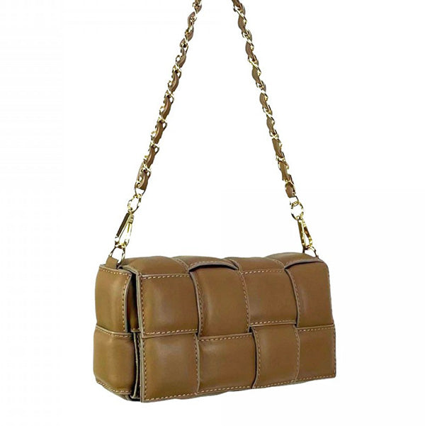 Rectangular Shoulder Bag in Braided and Quilted Leather with Flap