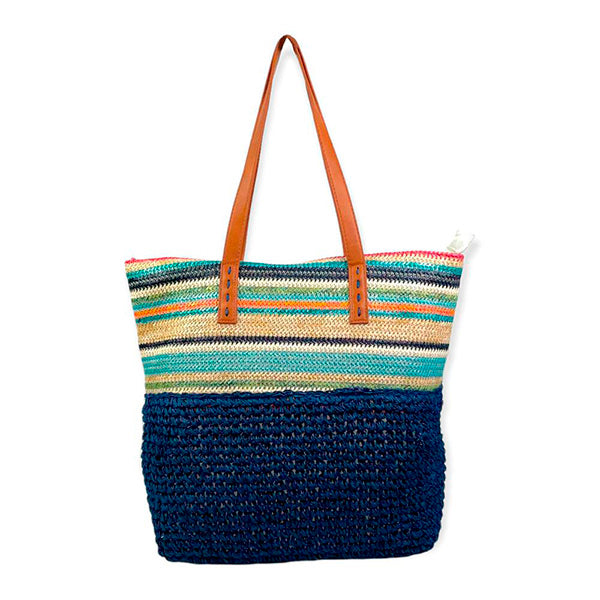 Bolso de Hombro Tote de Rafia con Estampado de Rayas