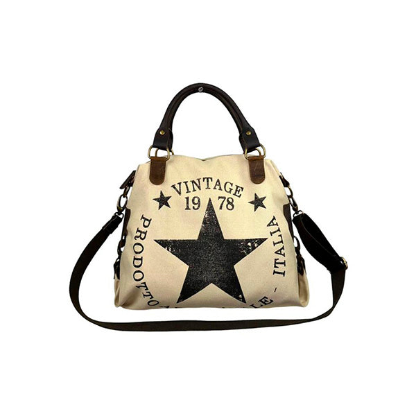 Bolso Shopper Grande De Lona con Asas de Piel