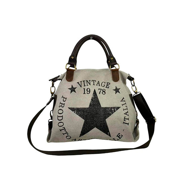 Bolso Shopper Grande De Lona con Asas de Piel