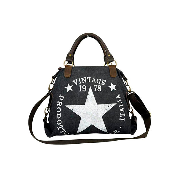 Bolso Shopper Grande De Lona con Asas de Piel