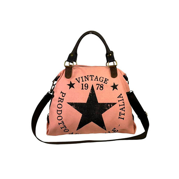 Bolso Shopper Grande De Lona con Asas de Piel