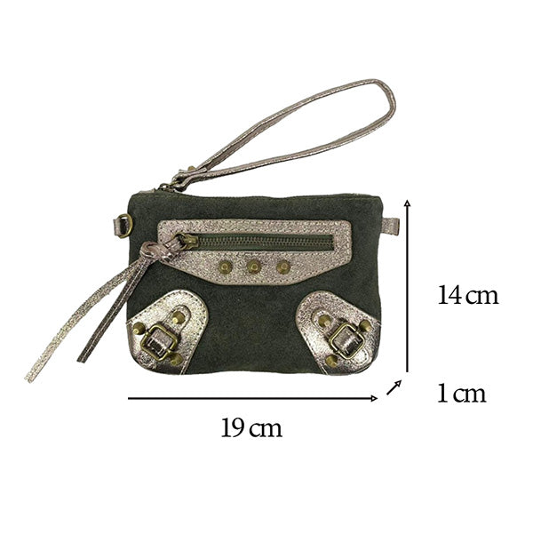 Bolso de Mano Pequeño Piel de Serraje con Asa para Muñeca