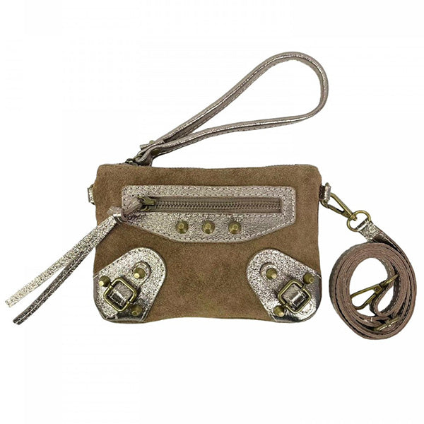 Bolso de Mano Pequeño Piel de Serraje con Asa para Muñeca