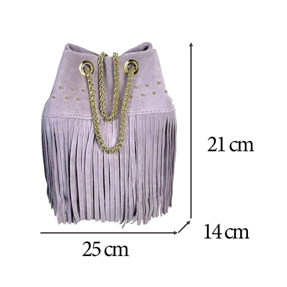 Bolso Bombonera Piel de Ante con Flecos