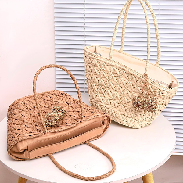 Capazo de Papel con Pompón Decorativo para Mujer